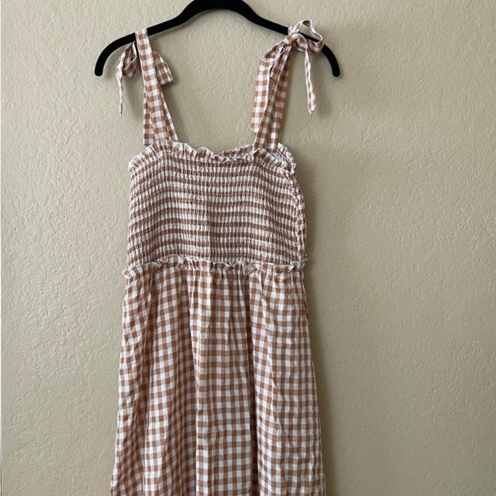 Brown and white gingham dress